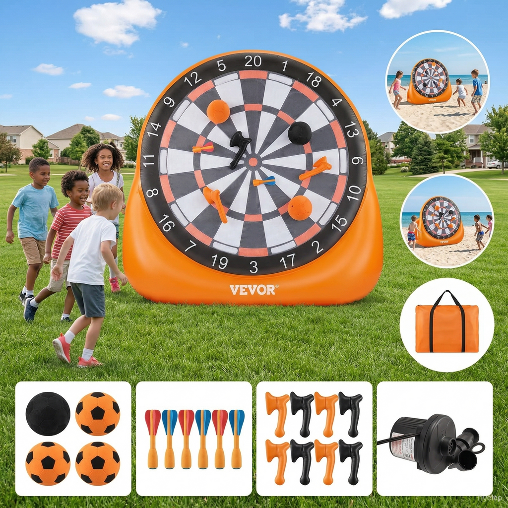 Inflatable Soccer Dart Board, over 6 ft High Giant Soccer Dart Board with 4 Kick Balls, 12 Tennis and Air Pump