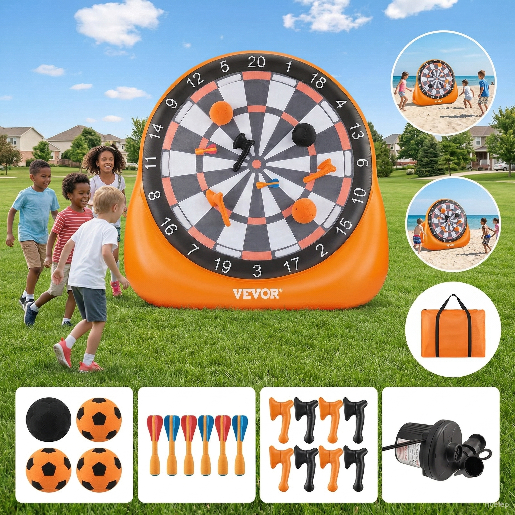 Inflatable Soccer Dart Board, over 6 ft High Giant Soccer Dart Board with 4 Kick Balls, 12 Tennis and Air Pump