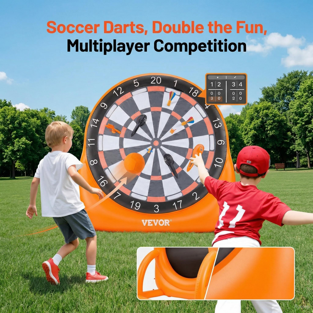 Inflatable Soccer Dart Board, over 6 ft High Giant Soccer Dart Board with 4 Kick Balls, 12 Tennis and Air Pump