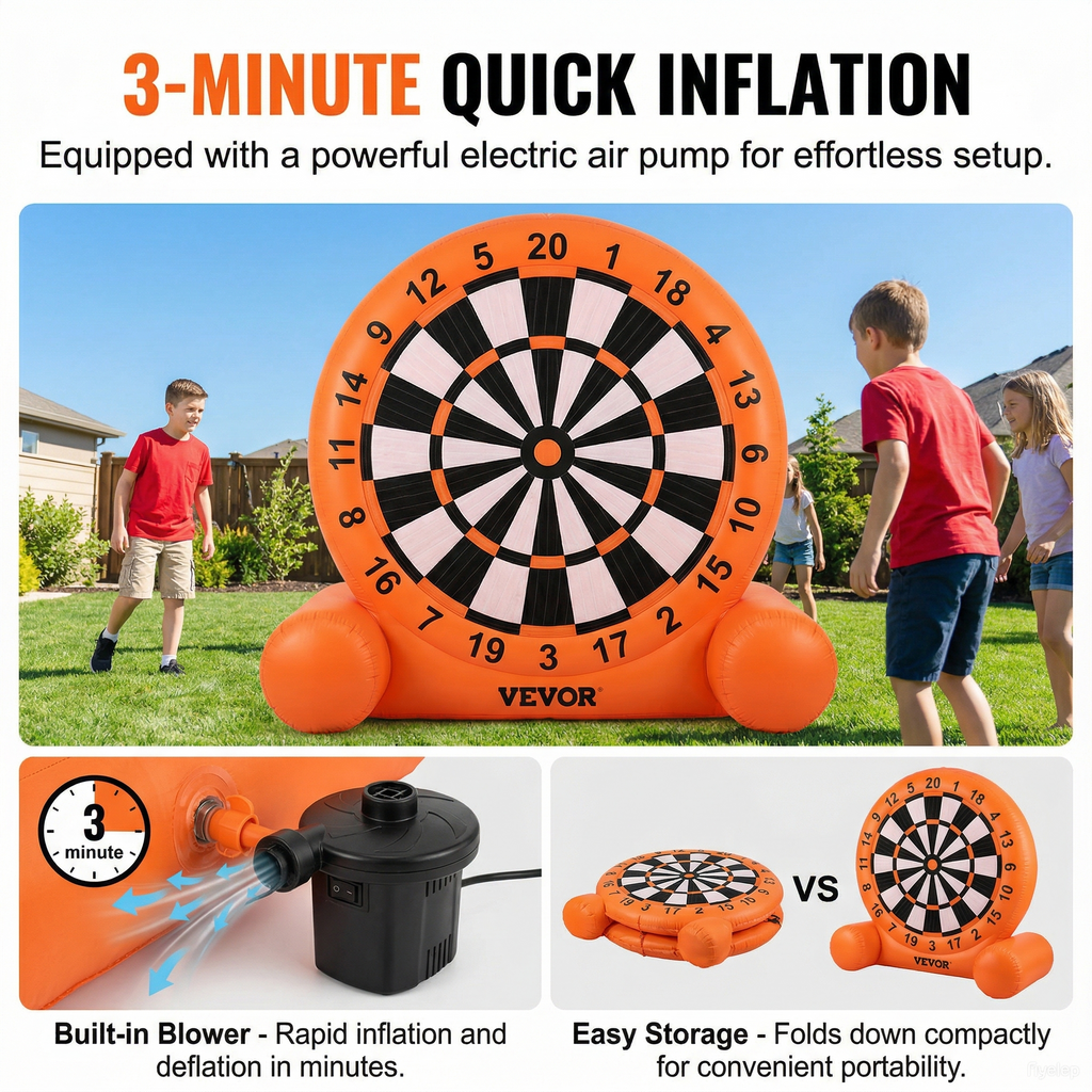 Inflatable Soccer Dart Board, over 6 ft High Giant Soccer Dart Board with 4 Kick Balls, 12 Tennis and Air Pump