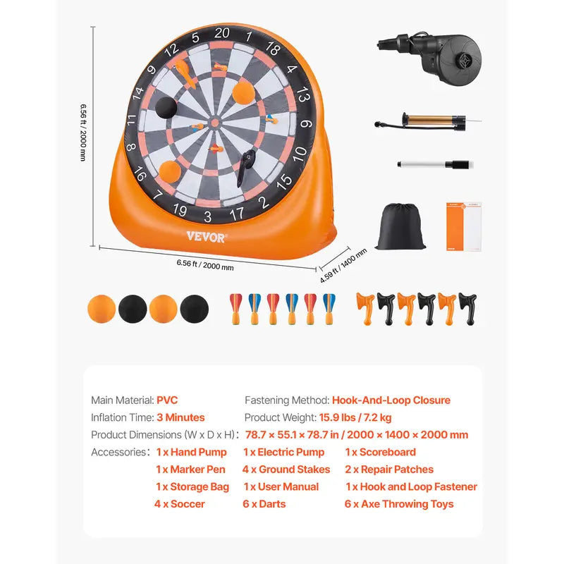 Inflatable Soccer Dart Board, over 6 ft High Giant Soccer Dart Board with 4 Kick Balls, 12 Tennis and Air Pump